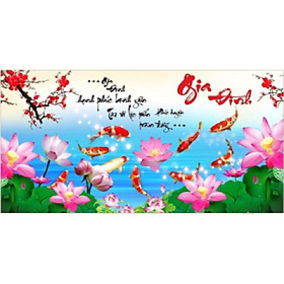 Tranh thêu chữ thập gia đình – Cửu ngư hoa sen LV3512