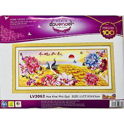 Tranh thêu chữ thập Hoa khai phú quý LV3062, kích thước 93 x 43 cm