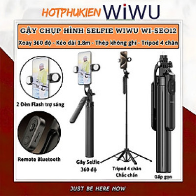 Gậy chụp ảnh selfie tự sướng kiêm tripod 4 chân khung nhôm, đèn Flash trợ sáng hiệu WlWU Wi-SEO12 - Tích hợp remote control bluetooth, Xoay 360 độ, thân nhôm, kéo dài 1,8m, chắc chắn, bền bỉ, gập gọn, pin sạc type C cho iPhone Oppo Samsung- Hàng nhập khẩu