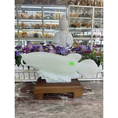 Tượng cá Rồng Kim Long, cá phong thủy tài lộc đá bạch ngọc - Dài 30 cm