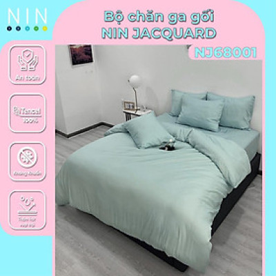 [5 MÓN] Bộ DRAP mát lạnh, MỀN chần, áo gối tencel NIN Jacquard NJ6801 màu xanh 1m6, 1m8, 2m
