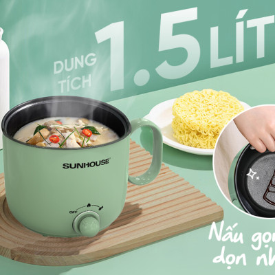 Ca lẩu điện 1.5L Sunhouse SHD4515G - 800W, 4 chức năng, phù hợp cho 1-2 người - Lòng nồi inox, chống dính Flead an toàn - Hàng chính hãng