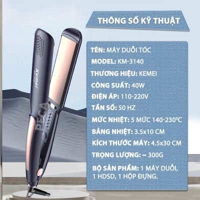 Máy duỗi tóc Kemei KM-3140 bảng nhiệt lớn 3.5 cm, điều chỉnh 5 mức nhiệt sử dụng được cho mọi loại tóc - Hàng chính hãng