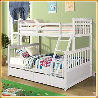 Giường 2 tầng màu trắng Tundo trên 1m2 dưới 1m6 kèm 2 học tủ