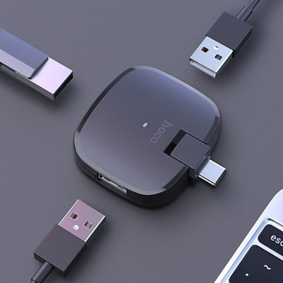 Đầu đọc OTG TypeC ra 3 cổng USB Hoco HB11 - hỗ trợ nhận 3 thiết bị cùng lúc (đen) Hàng Nhập Khẩu