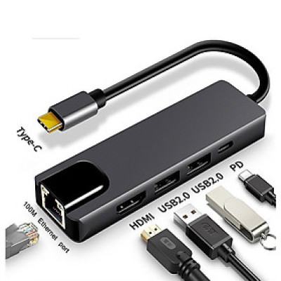 Cáp USB Type-C Ra 5 Cổng HDMI 4K, USB 2.0 Và RJ45 - Hàng Nhập Khẩu