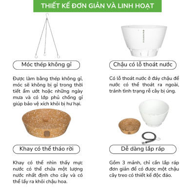 Chậu treo tự tưới Monrovia cho cây trong nhà và ngoài trời có móc treo sắt, decor không gian sống