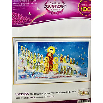 Tranh thêu Tây phương cực lạc thánh chúng a di đà phật LV3165, kích thước 113 x 63 cm