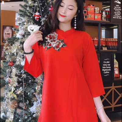 Váy đỏ thêu hoa dáng suông kiểu áo dài cách tân sang trọng thời trang xinh HB03