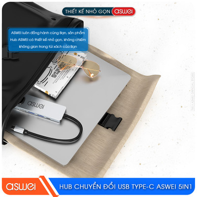 Hub Chuyển Đổi USB Type C ASWEI 5 in 1 - HDMI, USB 3.0, Lan, PD 100W Tốc Độ Cao - Hàng Chính Hãng