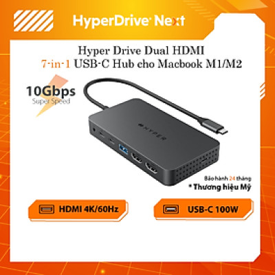 HUB chuyển đổi HyperDrive Next Dual 4K HDMI 7 In 1 Port USB-C cho Macbook M3/M2/M1 - Hỗ trợ xuất 2 màn hình, HD7002GL - Hàng Chính Hãng