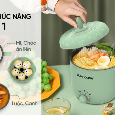 Ca lẩu điện 1.5L Sunhouse SHD4515G - 800W, 4 chức năng, phù hợp cho 1-2 người - Lòng nồi inox, chống dính Flead an toàn - Hàng chính hãng
