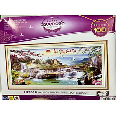 Tranh thêu chữ thập Lưu thủy sinh tài LV3016, tranh thêu 3D, kích thước 132 x 58 cm