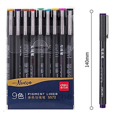 Bộ 9 bút đi nét liner 572 / bút viết kỹ thuật 9 màu ngòi bọc kim loại 0.5mm Deli S572