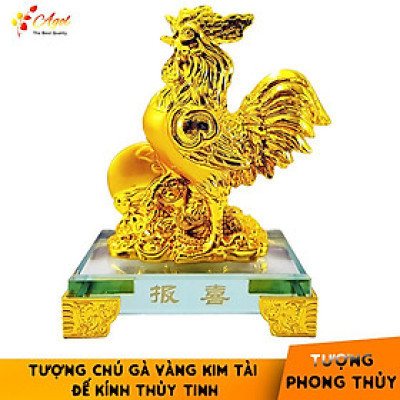 Tượng chú gà vàng đế kính thủy tinh cao cấp - Tượng Thần Kê Chiêu Tài - Hàng Nhập Khẩu
