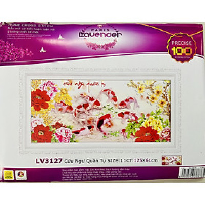 Tranh thêu chữ thập Cửu ngư quần hội lv3127, kích thước 125 x 64 cm