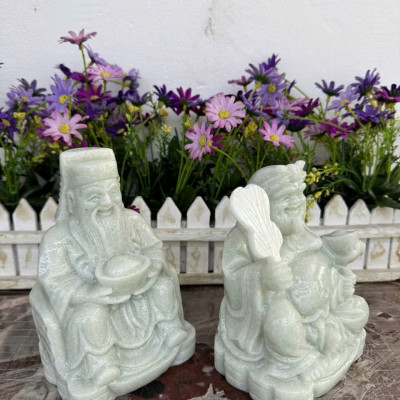 Bộ tượng thờ hai ông Tài Địa Thần Tài Thổ Địa đá cẩm thạch trắng xanh - Cao 15 cm