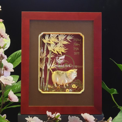 Tranh heo cây trúc dát vàng (26x33cm) MT Gold Art- Hàng chính hãng, trang trí nhà cửa, phòng làm việc, quà tặng sếp, đối tác, khách hàng, tân gia, khai trương 