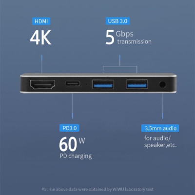 WIWU Alpha M X Pro 5 Trong 1 USB 3.0 x2 + HDMI + Giắc Cắm Âm Thanh 3,5mm + Ổ Cắm HUB Đa Chức Năng Type-C / USB-C - Hàng Chính Hãng