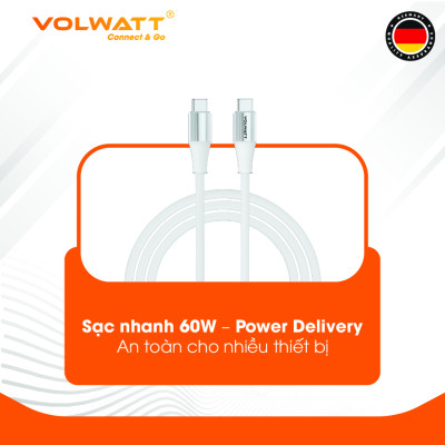 Cáp sạc siêu nhanh 60W Volwatt GE-S16-CC hàng chính hãng | Cáp Type-C to Type-C truyền dữ liệu 480Mbps, dây bện, dài 1m | BH 12 tháng