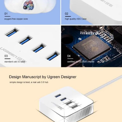 Ugreen UG30202CR118TK 1M màu Trắng Bộ chia HUB USB 3.0 sang 4 USB 3.0 có khay đỡ hỗ trợ nguồn 5V cao cấp - HÀNG CHÍNH HÃNG