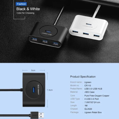 Ugreen UG20283CR113TK 1m màu Trắng Bộ chia HUB USB 3.0 sang 4 USB 3.0 hỗ trợ nguồn micro 5V cổng micro - HÀNG CHÍNH HÃNG