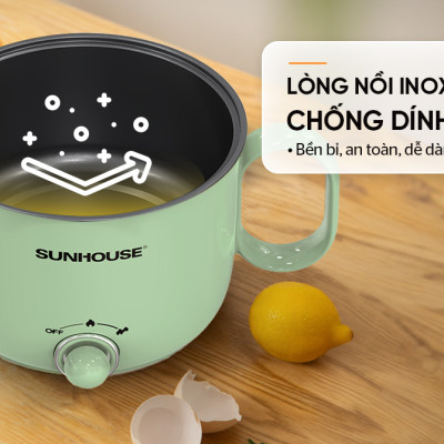 Ca lẩu điện 1.5L Sunhouse SHD4515G - 800W, 4 chức năng, phù hợp cho 1-2 người - Lòng nồi inox, chống dính Flead an toàn - Hàng chính hãng
