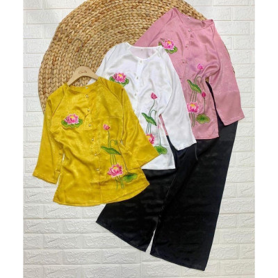 Bộ Đi Lễ Chùa - Đồ Lam Nữ Đi Chùa Đẹp Cao Cấp Trang Nhã Vải Lụa Thêu Sen Ngọc 2021 Dành Cho Phật Tử AL017