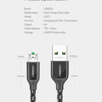 Ugreen UG50379US271TK 0.25M màu Đen Cáp sạc truyền dữ liệu USB 2.0 sang MICRO USB 4A võ hợp kim kẽm - HÀNG CHÍNH HÃNG