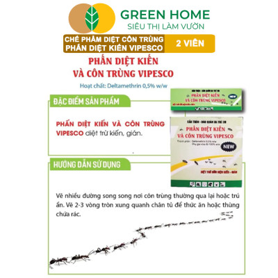 Phấn Diệt Kiến Và Côn Trùng Vipesco, GreenHome, Hộp 2 Viên, Diệt Trừ Kiến, Gián, Rận, Rệp, Bọ Chét,.