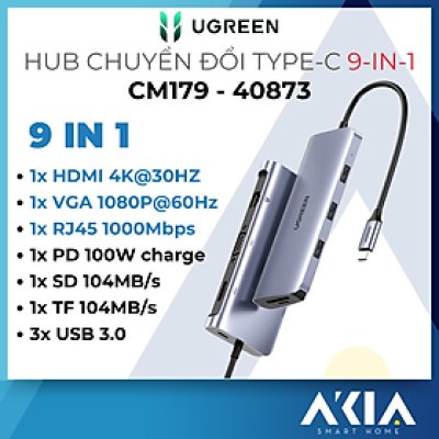 Hub Ugreen USB Type-C 9in1 CM490 - Có cổng HDMI 4K, Hỗ trợ sạc PD - 15600 / 90119 - HÀNG CHÍNH HÃNG