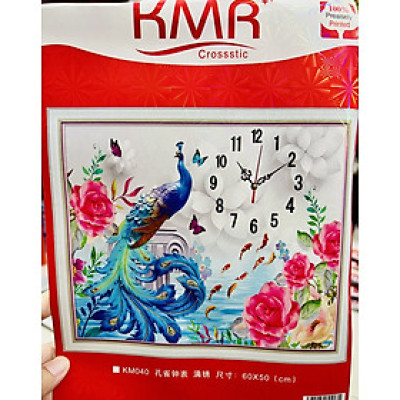Tranh thêu kín đồng hồ chim công Km040, kích thước 65 x 50 cm