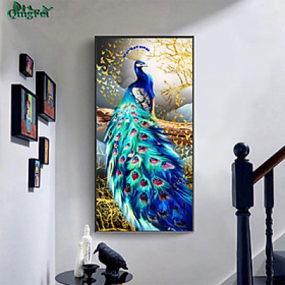 Tranh thêu kín con công lấp lánh E142, kích thước 50*90 cm