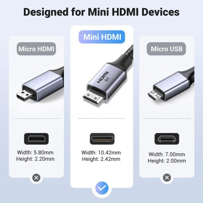 Ugreen UG15514HD163TK 1M 8K60Hz 2.1 Cáp chuyển Mini HDMI sang HDMI dây bọc dù - HÀNG CHÍNH HÃNG