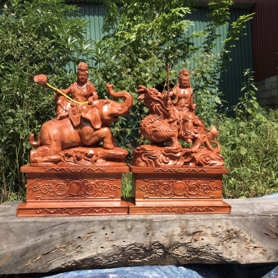Tượng phật văn thù phổ hiền được làm bằng chất liệu gỗ hương kt 50×35×15cm