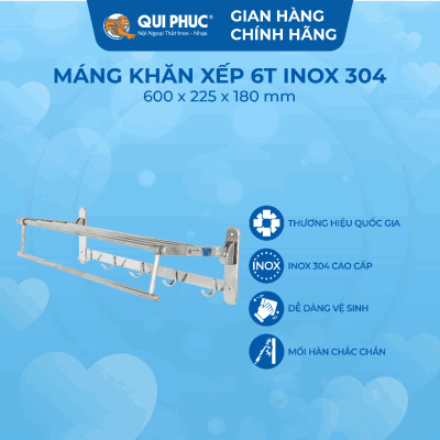 [Chính hãng Qui Phúc] Máng khăn xếp inox 304, có móc treo tiện lợi 6 tấc