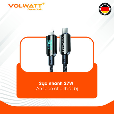 Cáp sạc nhanh 27W Volwatt GE-A35-CL hàng chính hãng| Cáp Type-C to L, có LED hiển thị công suất, dài 1.2m – BH 1 đổi 1