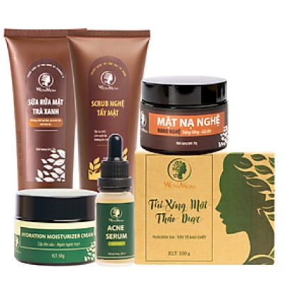 Bộ trắng da, sạch mụn cao cấp Wonmom ( Sữa rửa mặt + Scrub nghệ + Kem cấp ẩm + Serum mụn + Mặt nạ nghệ + Xông mặt )