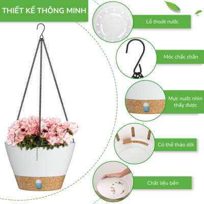 Chậu treo tự tưới Monrovia cho cây trong nhà và ngoài trời có móc treo sắt, decor không gian sống