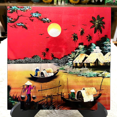 Tranh sơn mài đồng quê vẽ vàng, hàng xuất khẩu 30x30 cm