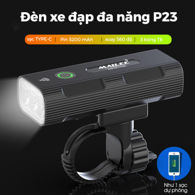 Đèn Trước Xe Đạp Chiếu Sáng Cao Cấp Chống Nước P-023 dung lượng 5200mAh Gắn tay lái, sạc Type-C, sáng max 10h, Có Hỗ trợ Sạc Khẩn Cấp - Mai Lee