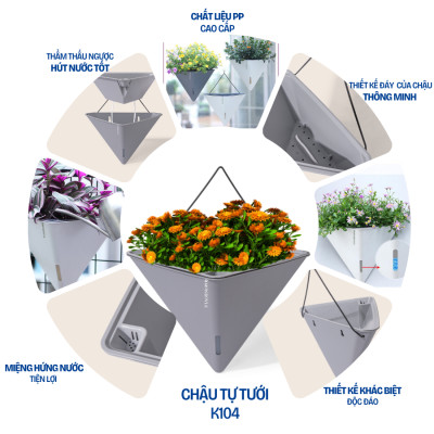 Chậu tự tưới treo tường tam giác MONROVIA K104, chất liệu PP, móc treo tiện lợi, trồng hoa, cây cảnh