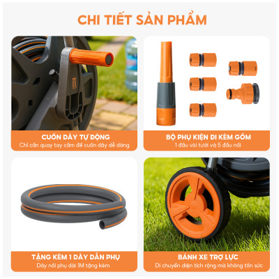 Bộ vòi nước tưới cây rửa xe đa năng Lebenlang LBLB3365 dây dài 30m, 1 đầu tưới, thiết kế xe đẩy - hàng chính hãng