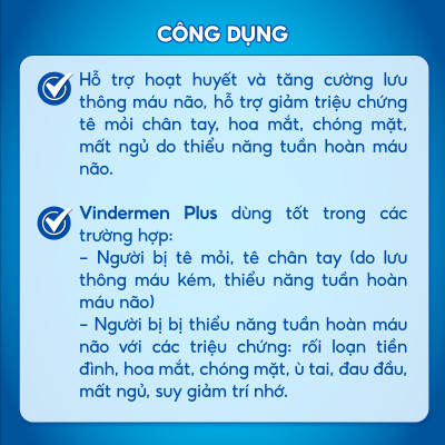 Vindermen Plus - hỗ trợ Tăng cường lưu thông máu, thiểu năng tuần hoàn máu não - hộp 30 viên