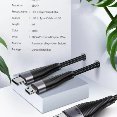 Ugreen UG50873ED017TK 1M màu Xám Cáp sạc truyền dữ liệu USB 2.0 sang MICRO USB đầu mạ thiếc - HÀNG CHÍNH HÃNG