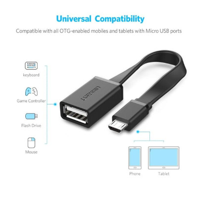 Ugreen UG10821US133TK 10CM màu Đen Cáp chuyển đổi MICRO USB sang USB âm hỗ trợ OTG dáng dẹt - HÀNG CHÍNH HÃNG