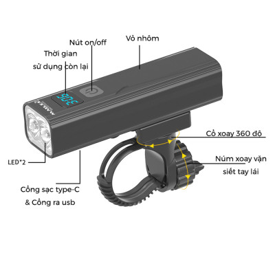 Đèn Xe Đạp BC-10 dung lượng 2600mAh, có hiển thị thời gian còn lại sử dụng, sạc Type-C, Có Hỗ trợ Sạc Khẩn Cấp - Mai Lee