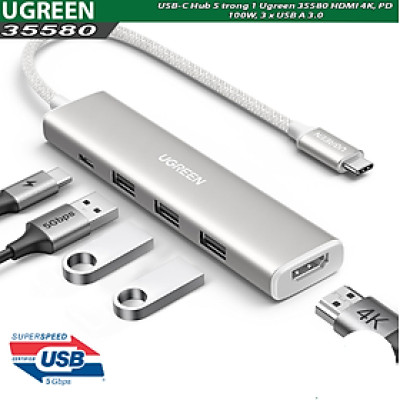 Cáp chuyển USB-C sang HDMI + PD 100W + 3 x USB 3.0 Ugreen 35580 - Hàng chính hãng