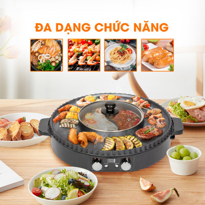 Nồi lẩu điện 2 ngăn Lebenlang LBTT5288, bếp lẩu nướng 2in1 đa năng tròn loại to,công suất 1800W tiện lợi cho gia đình - hàng chính hãng