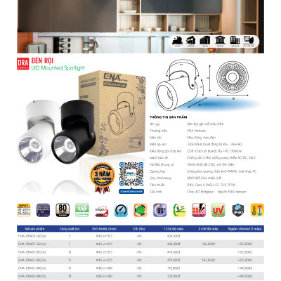 Đèn LED gắn nổi chiếu điểm ENA mẫu DRA 5W 7W 10W 12W 15W 18W 20W vỏ trắng vỏ đen